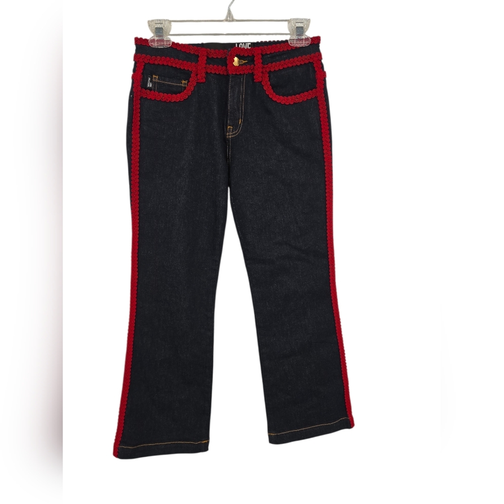 Love Moschino Luxury Red Trim Straight Women Dark Blue Cropped Jeans Size 26